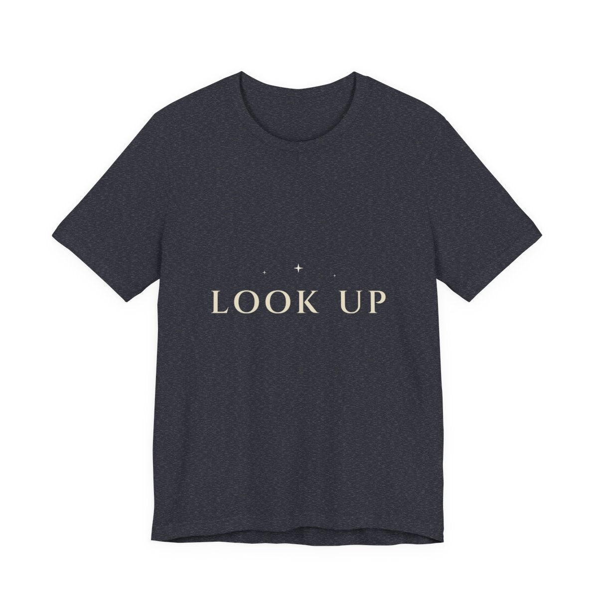 Look Up Tee in Heather Navy — cream serif celestial typography, Moon Wild