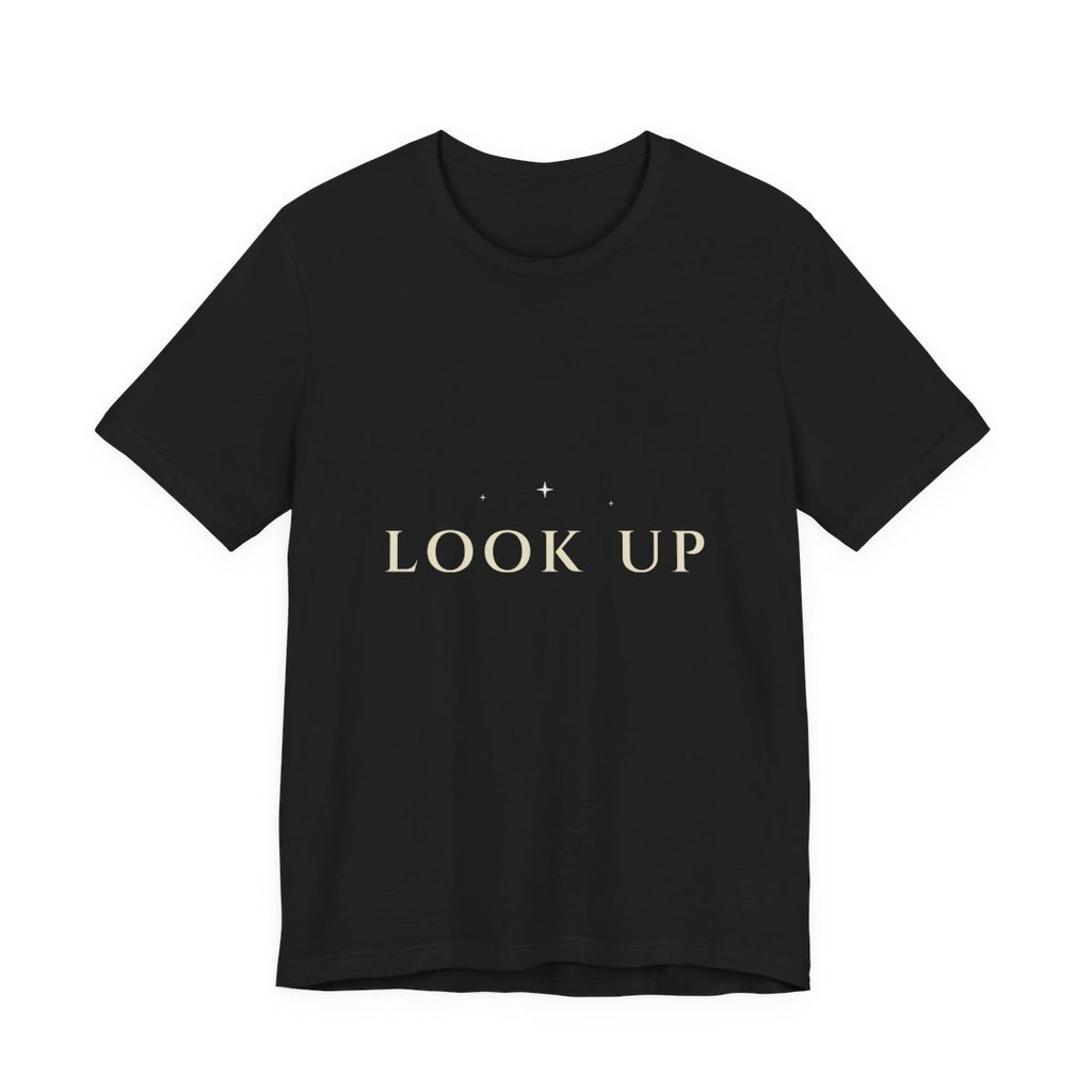 Look Up Tee in Black — cream serif celestial typography, Moon Wild